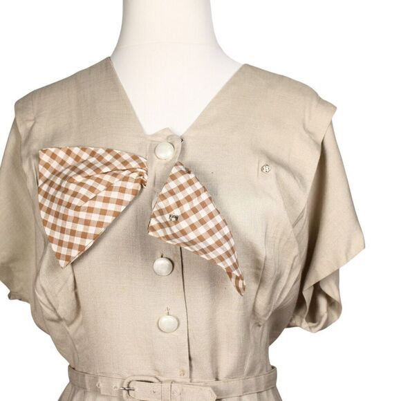 Vintage Reloms Dress Tan w Big Brown and White Check Bow Sz M B38 W34 - Hey Viv - Picture 5 of 9